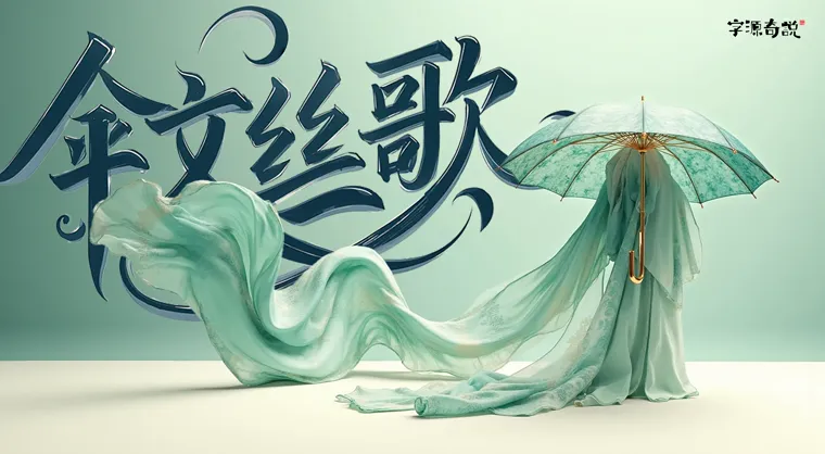 伞文丝歌：青绿色国风海报，汉服人物执透明油纸伞
